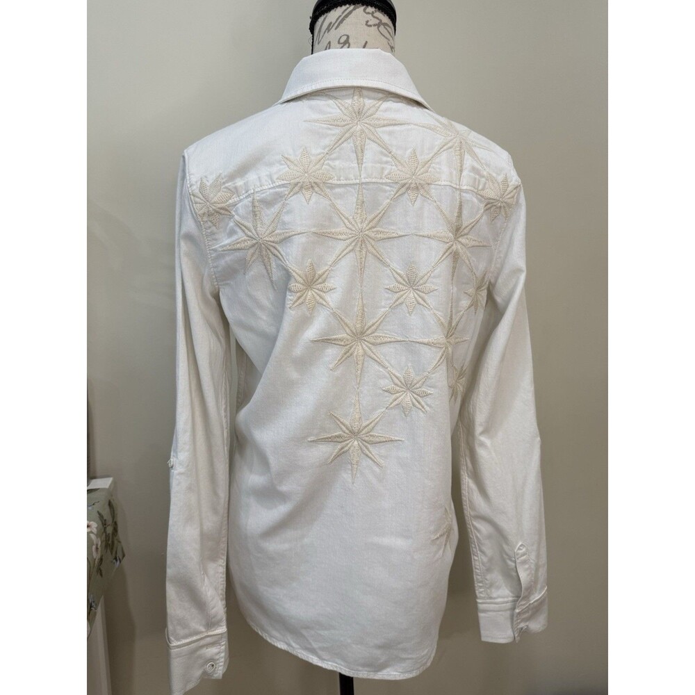 Paige Womens Embroidered Roll Up Button Down Shirt Sz Small Western Beige